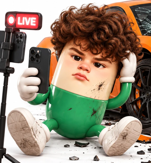 him on the ground, one phone in hand, one on the tripod, both still live